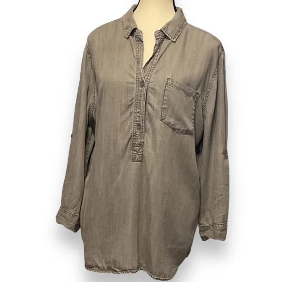 Hester & Orchard button front v neck slouchy tunic Shirt, Gray wash , Size L - Picture 4 of 10